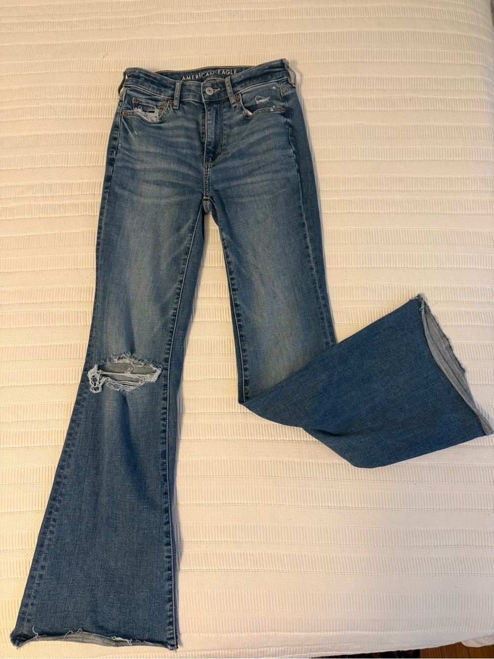 American Eagle Outfitters Blue Distressed Flare Jeans